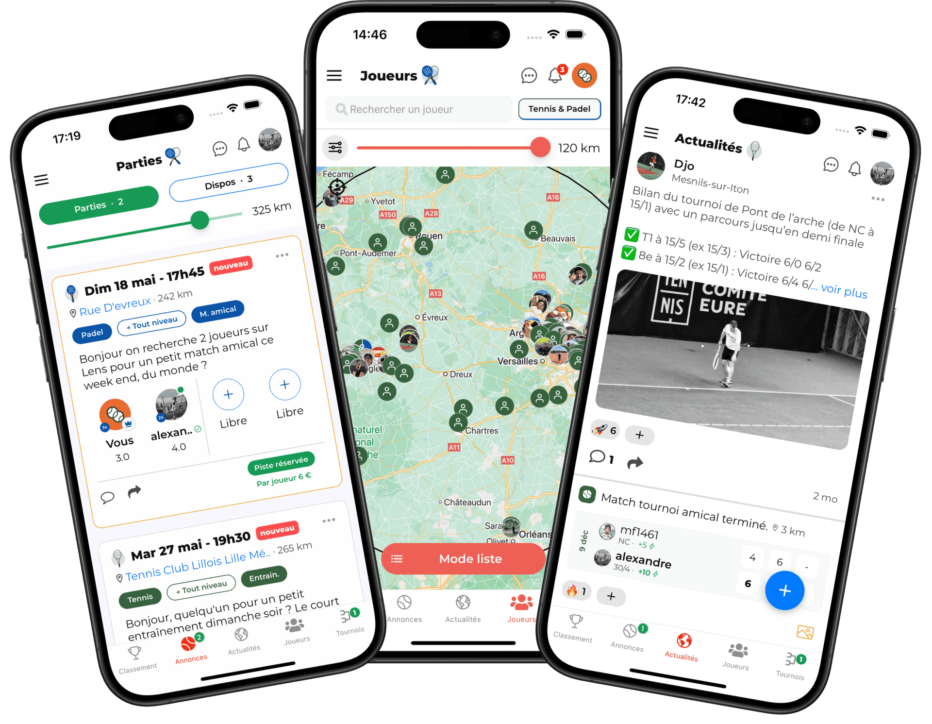 Aperçu de l’application TennisPadelMatchup : liste des joueurs, carte et fil d’actus