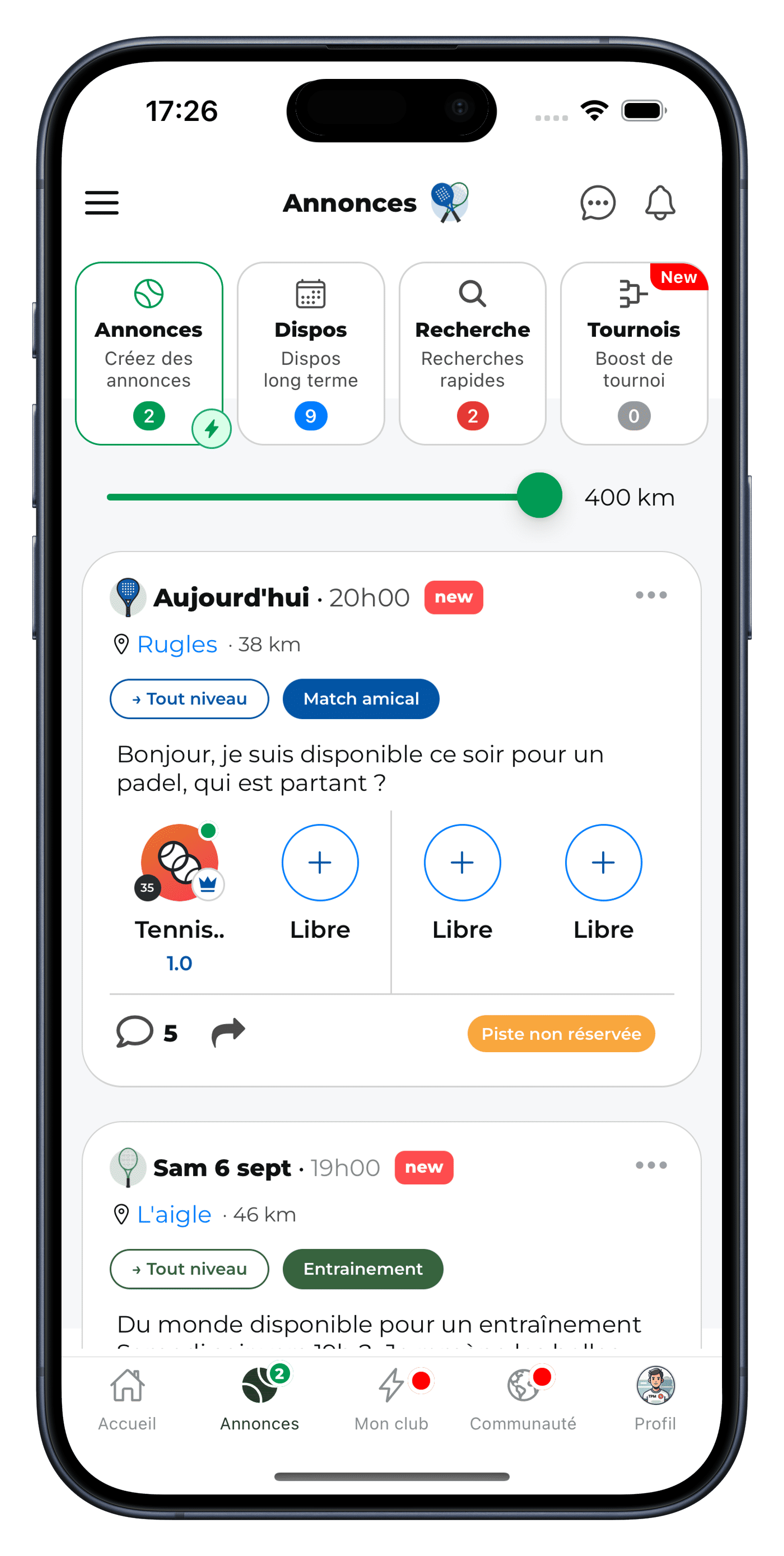 Écran des annonces de parties dans l'application